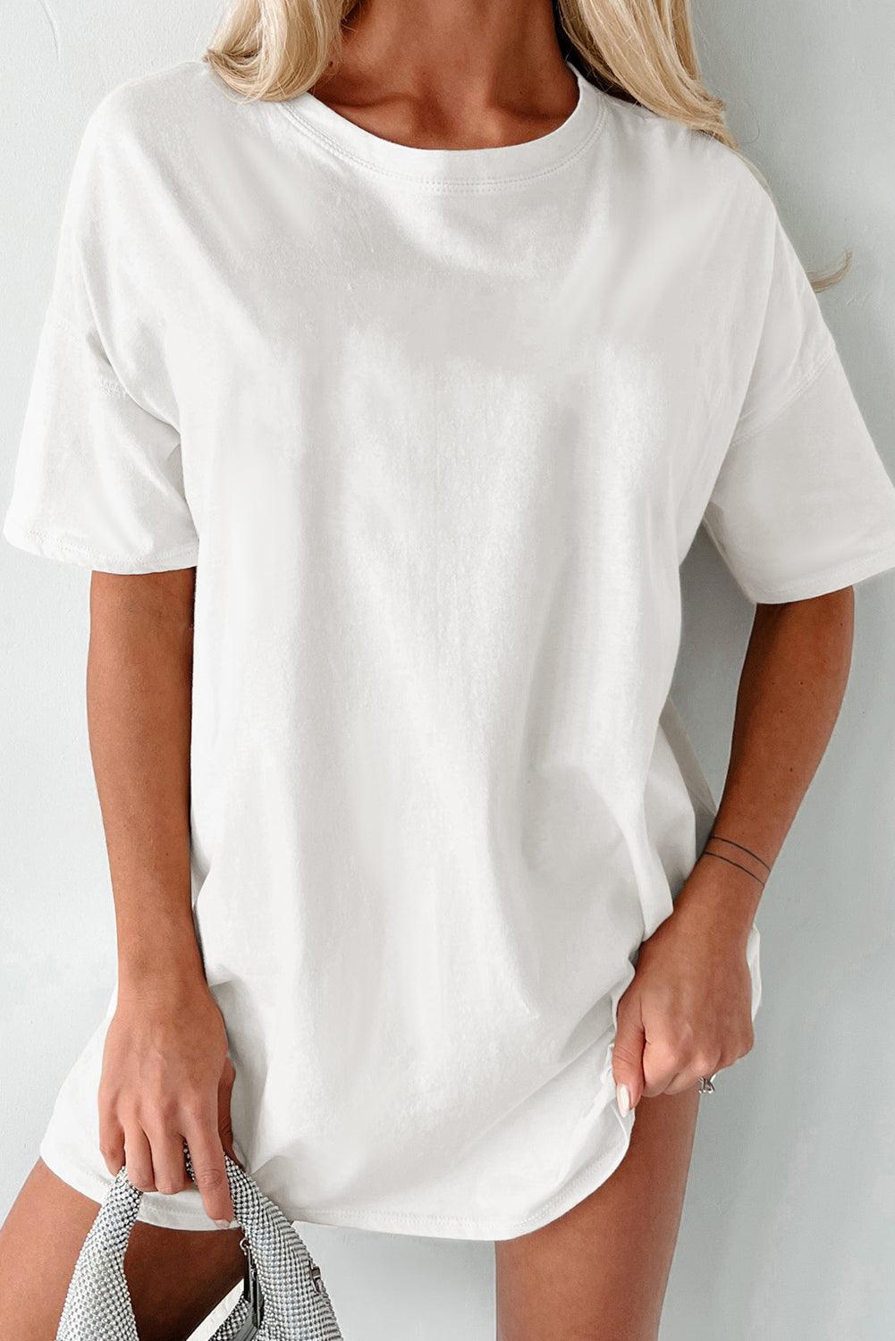 White Solid Color Round Neck Basic Tunic T Shirt - L & M Kee, LLC