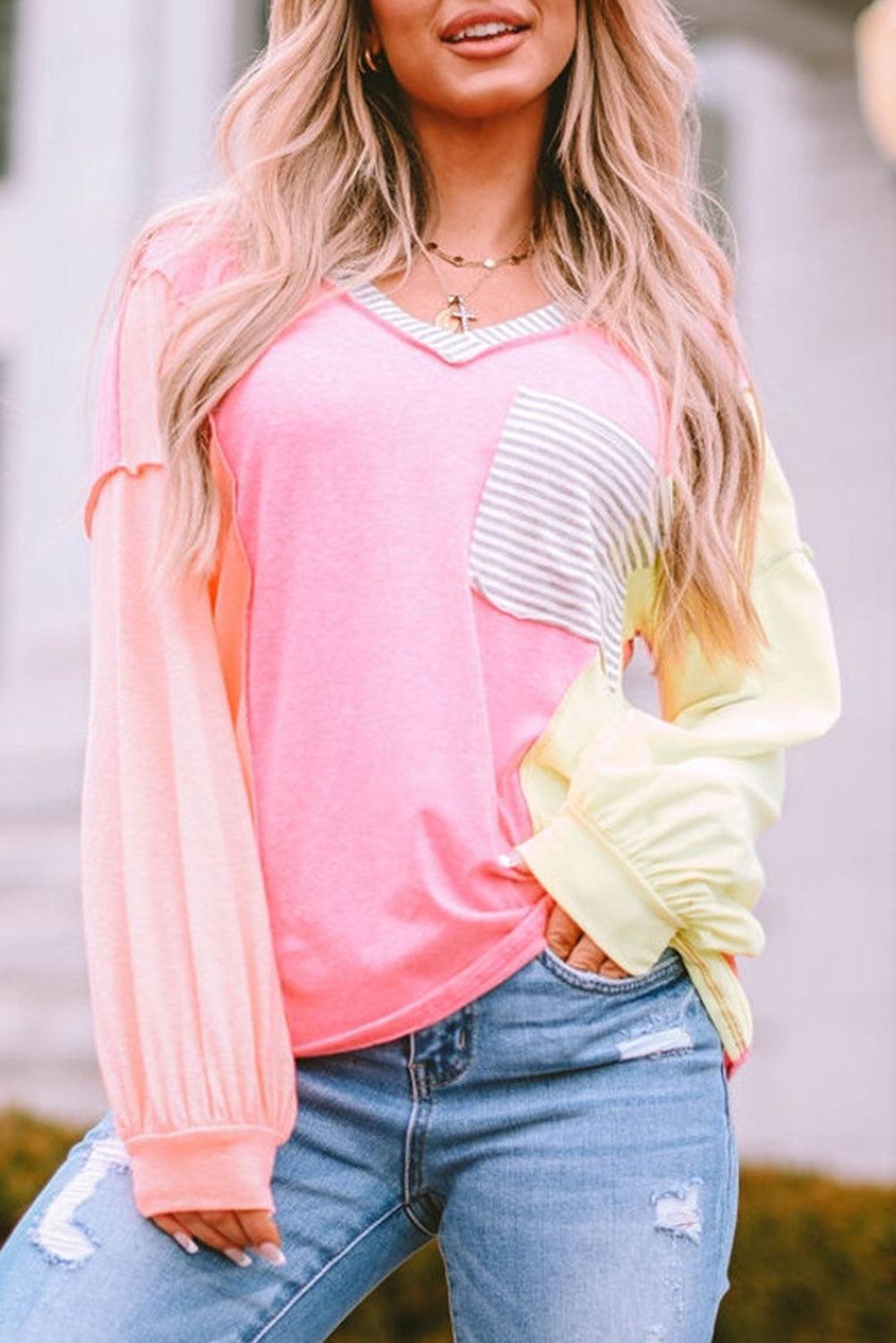 Striped Color Block Splicing Long Sleeve T Shirt - L & M Kee, LLC