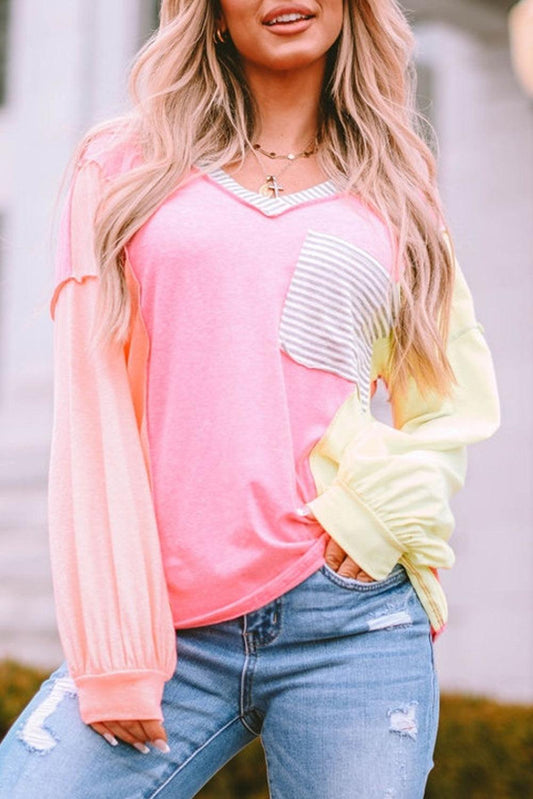 Striped Color Block Splicing Long Sleeve T Shirt - L & M Kee, LLC