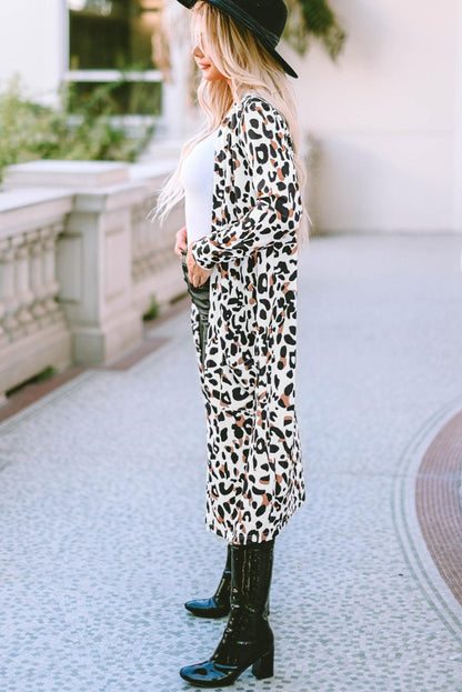 Leopard Pocketed Open Front Duster Cardigan - L & M Kee, LLC