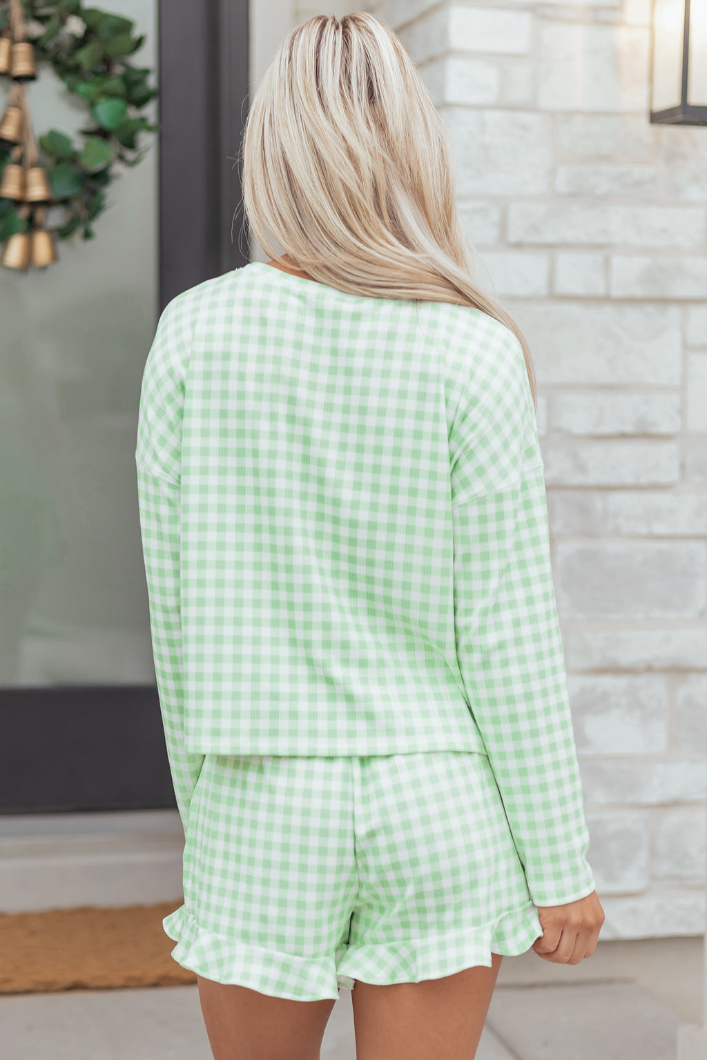 Green Gingham Long Sleeve Loose Top Drawstring Shorts 2pcs Lounge Set