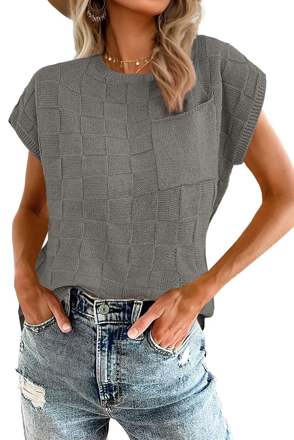 Gray Lattice Textured Knit Short Sleeve Sweater - L & M Kee, LLC