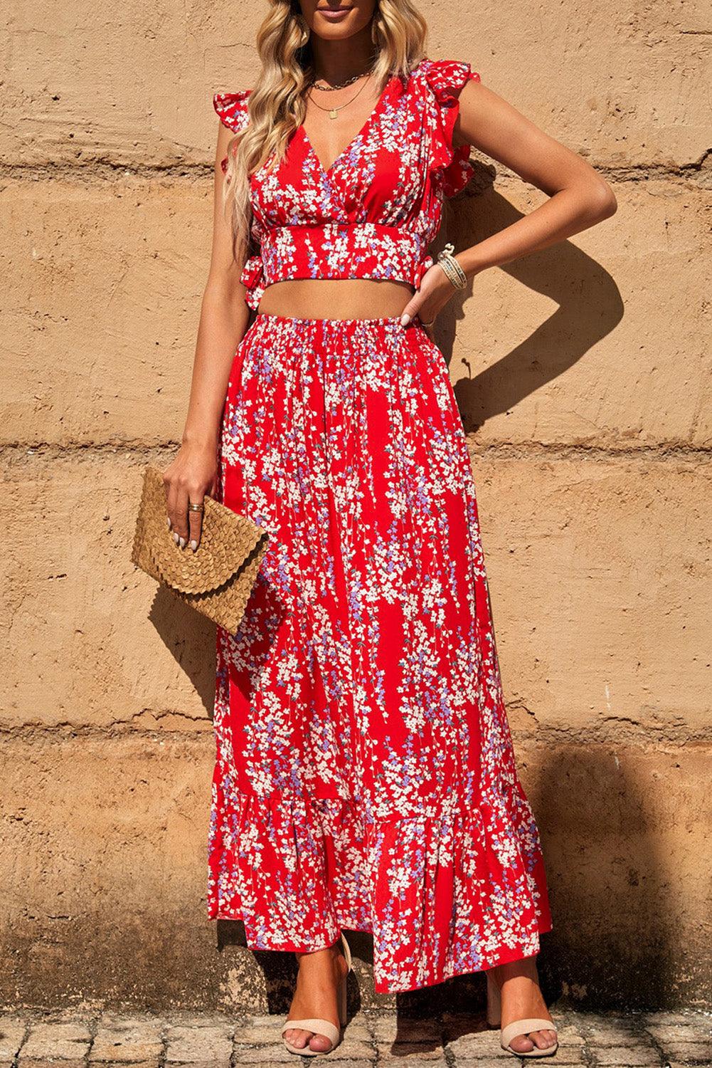 White Floral Ruffled Crop Top and Maxi Skirt Set - L & M Kee, LLC