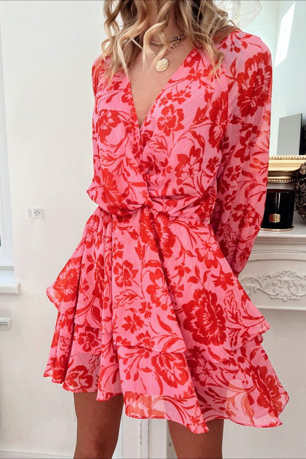 Red Floral Ruffle Layered Puff Sleeve Surplice Dress - L & M Kee, LLC