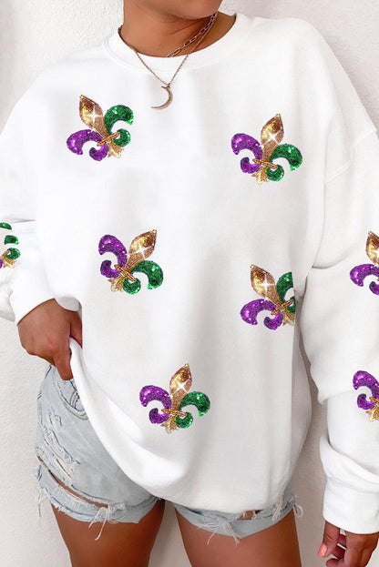 White Sequin Carnival Graphic Pullover Sweatshirt - L & M Kee, LLC