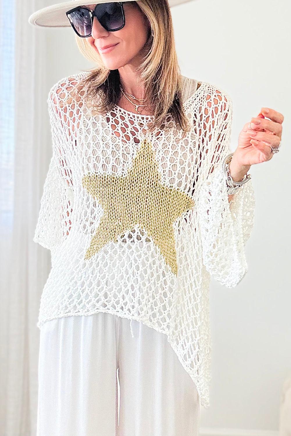 White Star Graphic Crochet Knitted Summer Sweater Top - L & M Kee, LLC