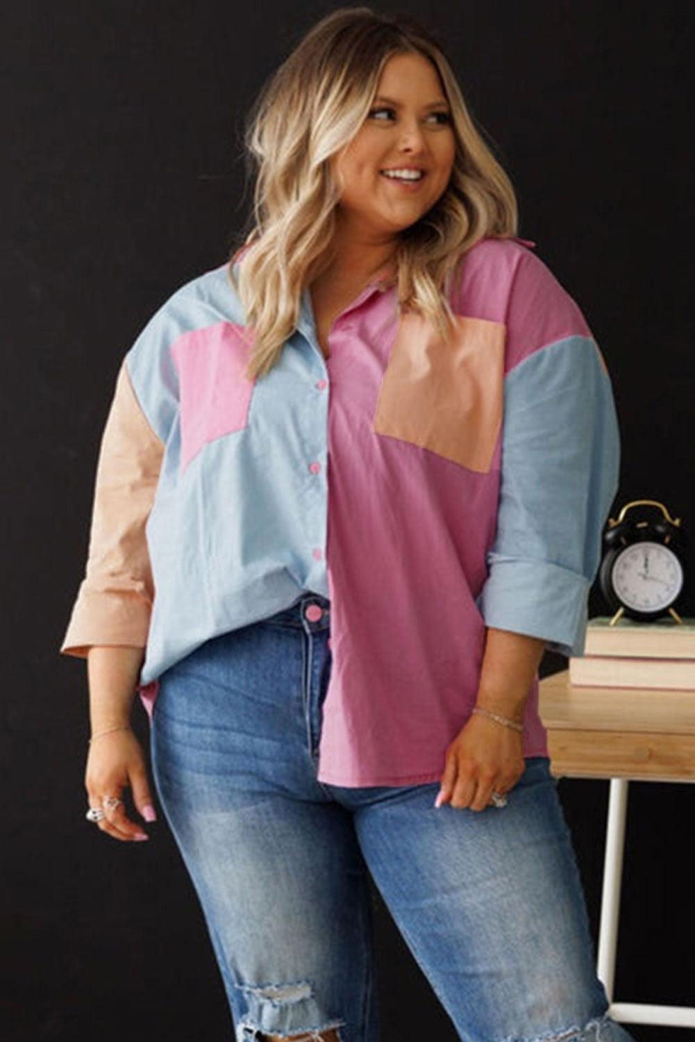 Pink Color Block Chest Pockets Plus Size Shirt - L & M Kee, LLC