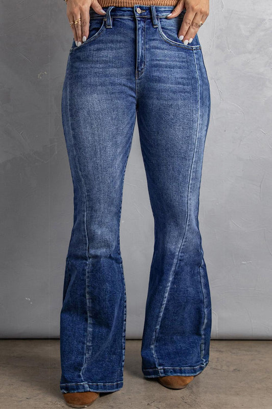 Dark Blue Plus Size Stitching Washed Flare Jeans - L & M Kee, LLC
