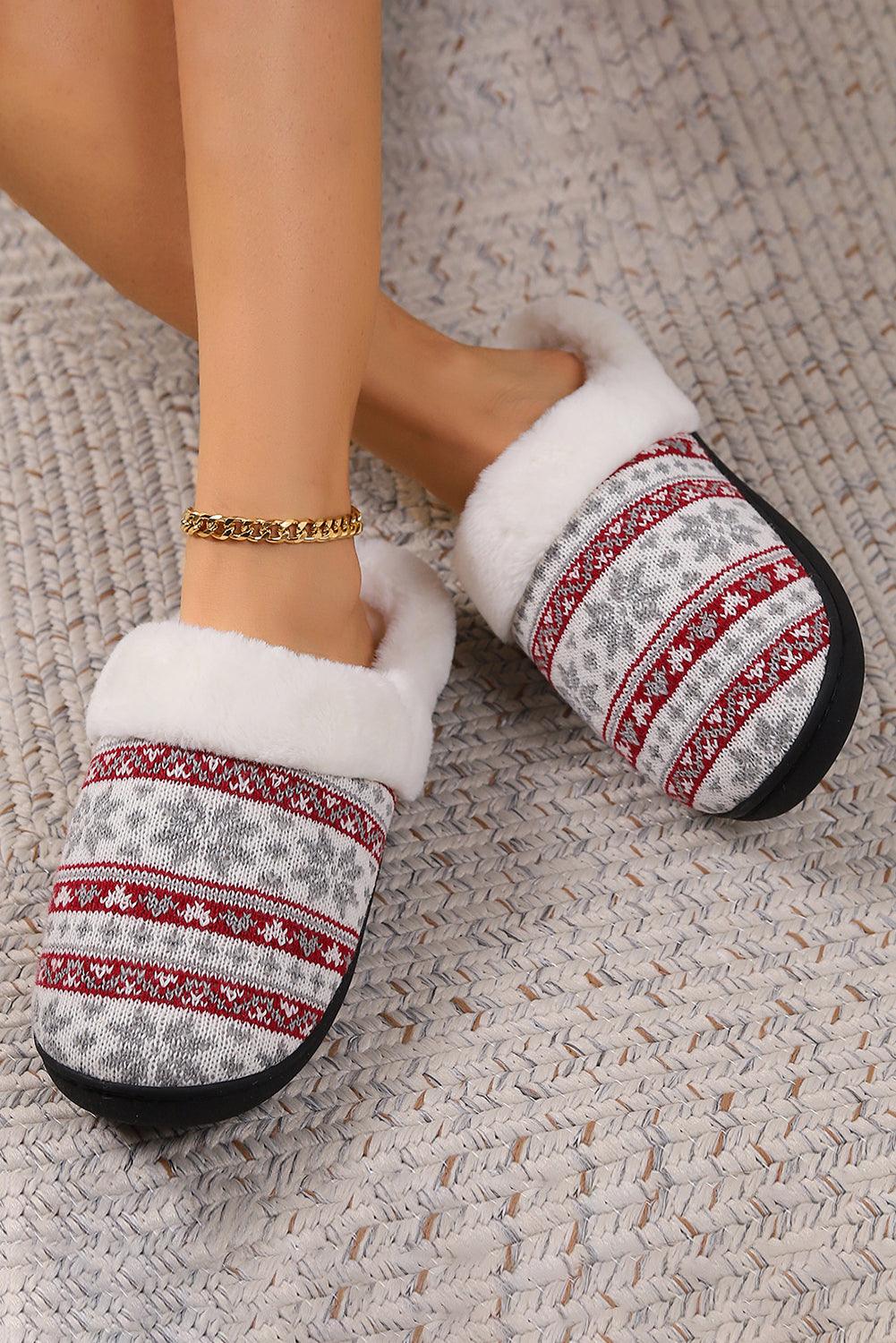 White Snowflake Pattern Knitted Plush Home Slippers - L & M Kee, LLC