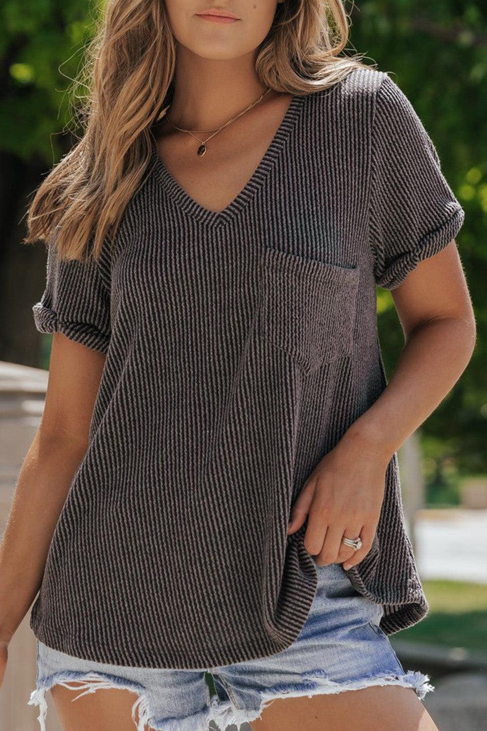 Carbon Grey Twist Short Sleeve Corded V Neck Top - L & M Kee, LLC