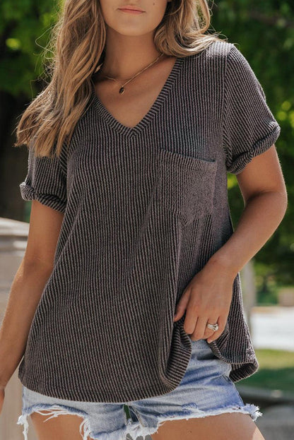 Carbon Grey Twist Short Sleeve Corded V Neck Top - L & M Kee, LLC