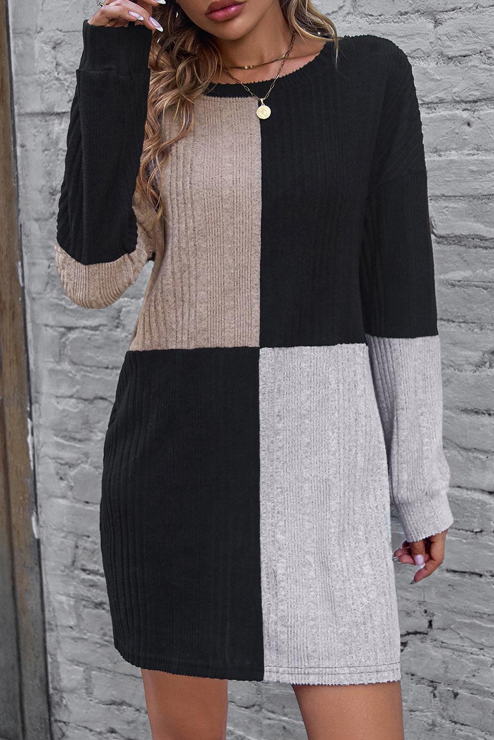 Black Ribbed Color Block Drop Shoulder Long Sleeve Mini Dress - L & M Kee, LLC