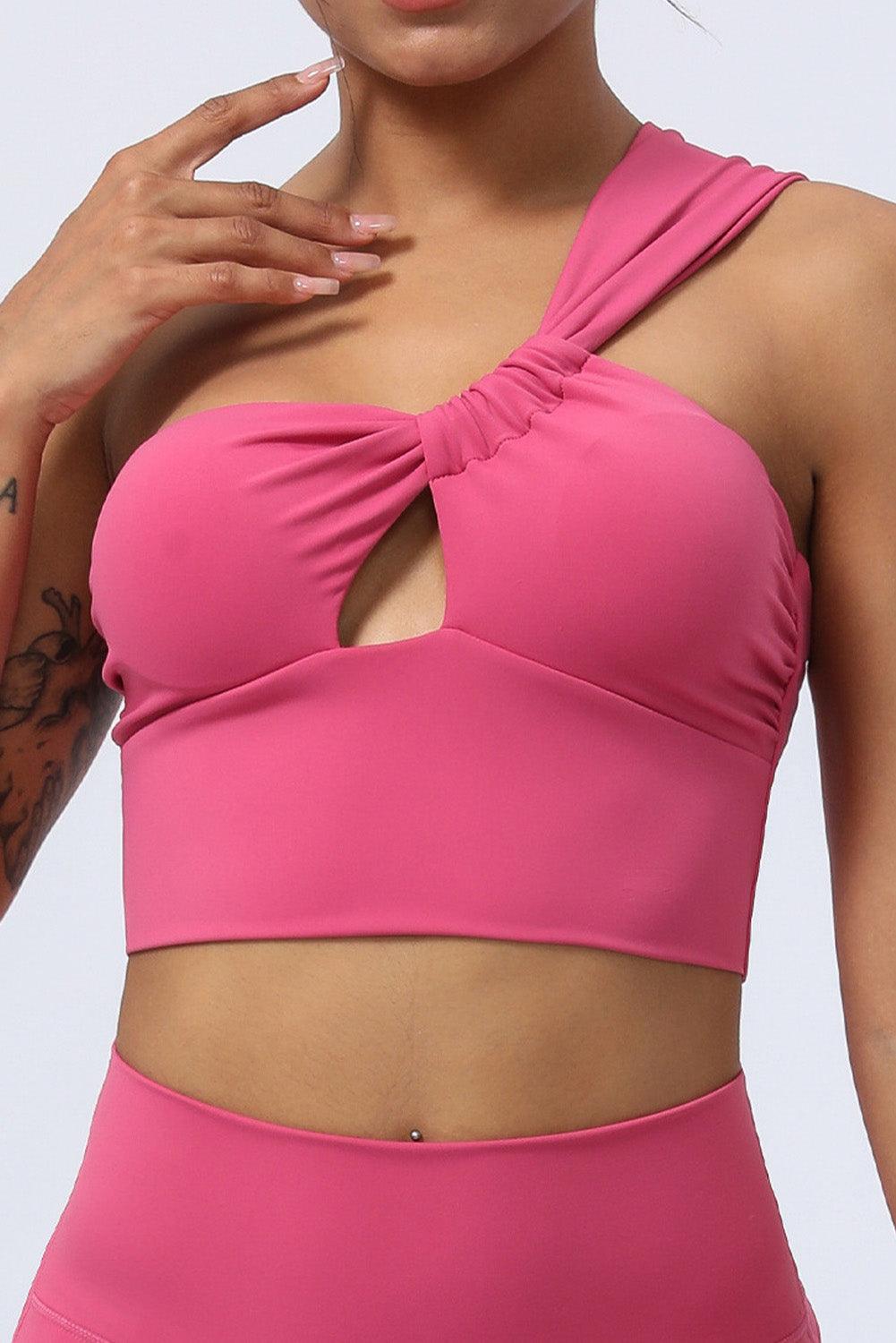 Rose Red Ruched Cutout One Shoulder Yoga Bra - L & M Kee, LLC