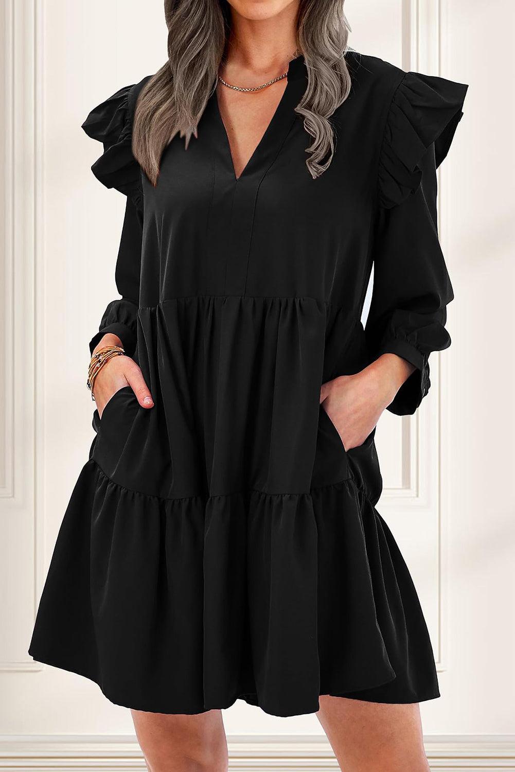 Black V Neck Tiered Ruffled Dress with Pockets - L & M Kee, LLC