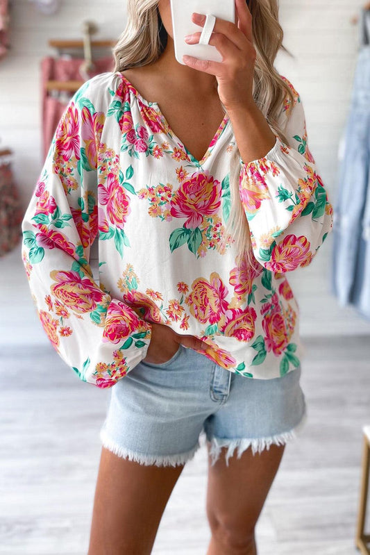 Notch V Neck Floral Pleated Puff Sleeve Blouse - L & M Kee, LLC