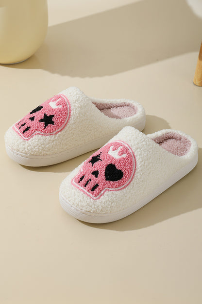 White Halloween Skull Printed Plush Winter Home Slippers