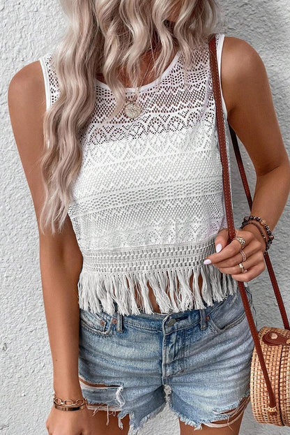 White Lace Crochet Hollow out Fringed Tank Top - L & M Kee, LLC