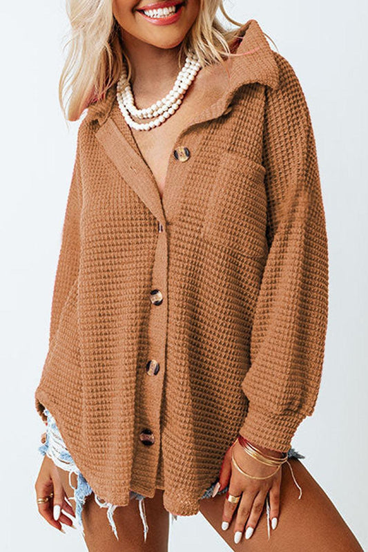 Brown Waffle Knit Button Up Casual Shirt - L & M Kee, LLC