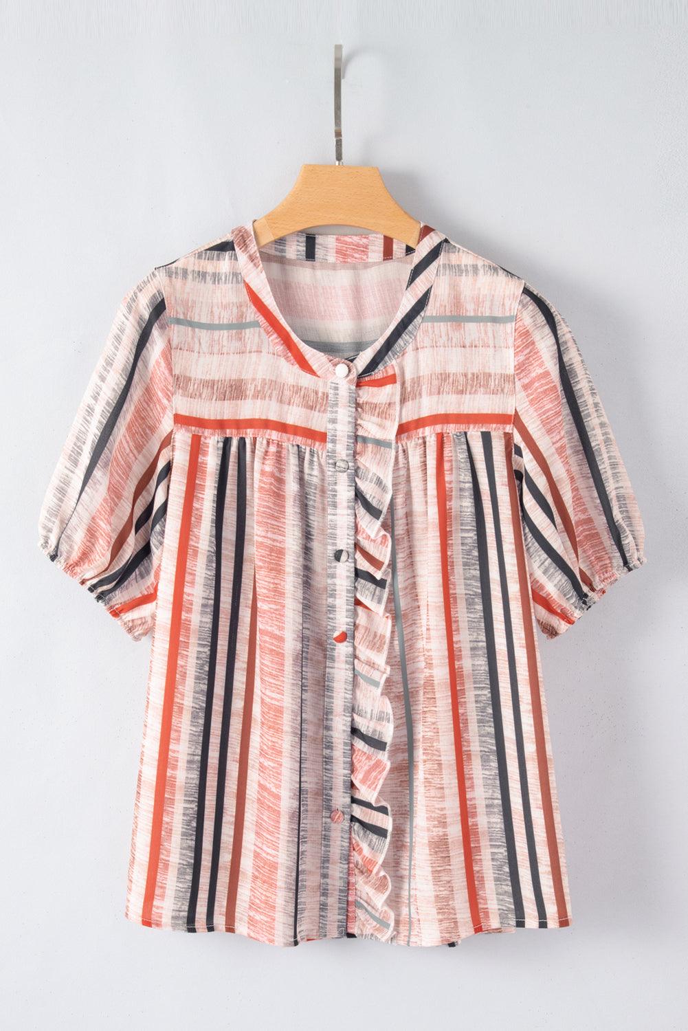 Khaki Stripe Multicolor Frilled Short Sleeve Shirt - L & M Kee, LLC