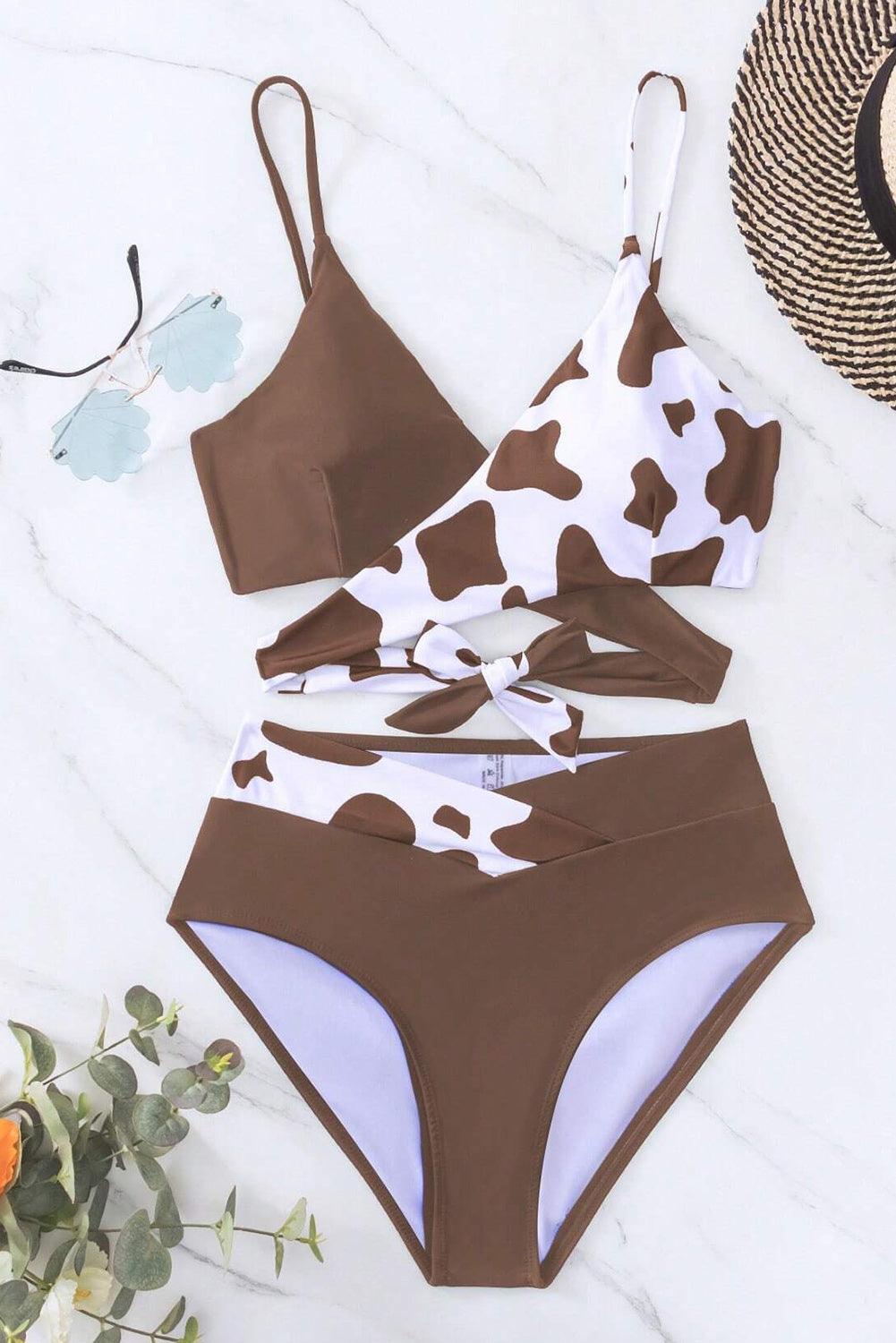 Coffee Contrast Cow Pattern Crossed Bikini - L & M Kee, LLC