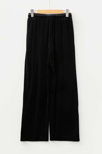 Black Shiny Velvet Drawstring High Waist Straight Leg Casual Pants