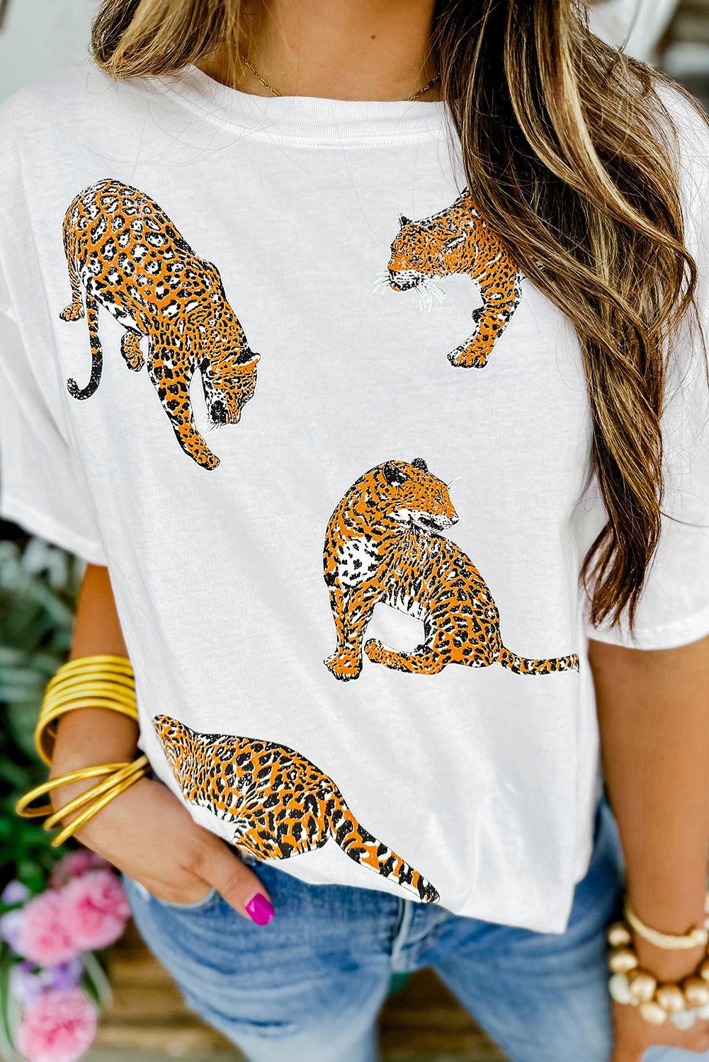 White Leopard Print Drop Shoulder Casual T Shirt - L & M Kee, LLC