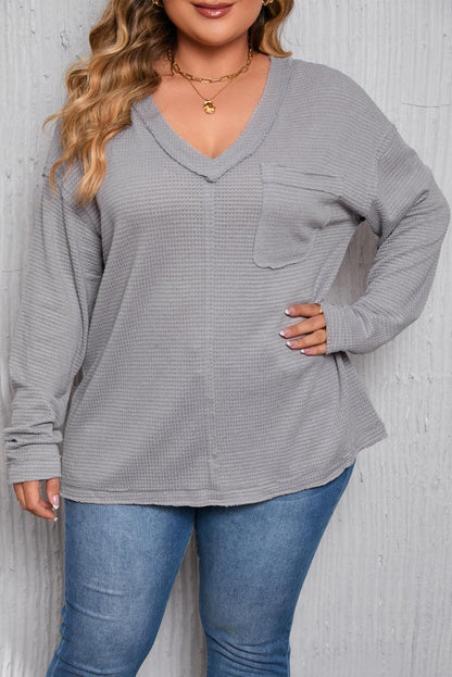 Gray Plus Size V Neck Raw Edge Long Sleeve Top - L & M Kee, LLC