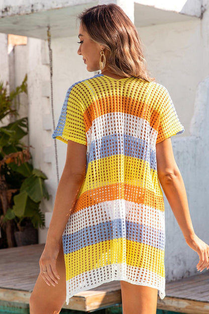 Yellow Striped Hollow Out Knit V Neck Tunic Cover Up - L & M Kee, LLC