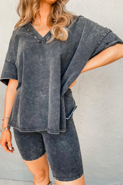 Black Mineral Washed Oversized T Shirt and Shorts Set - L & M Kee, LLC