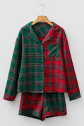 Red Plaid Contrast Patched Christmas Holiday Long Sleeve Shirt and Short 2pcs Pajama Set