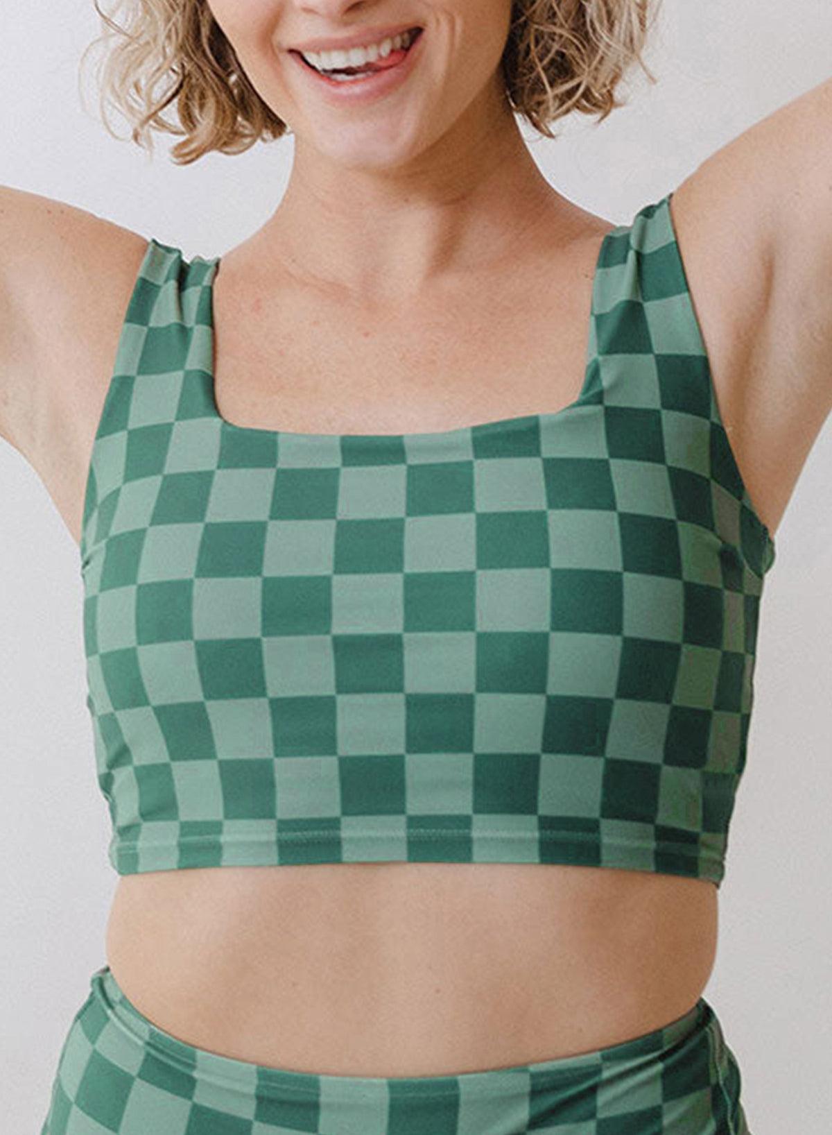 Green Checkered Print Square Neck Cropped Swim Top - L & M Kee, LLC