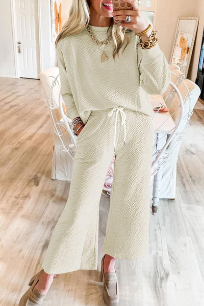 White Textured Long Sleeve Top Drawstring Pants Set - L & M Kee, LLC