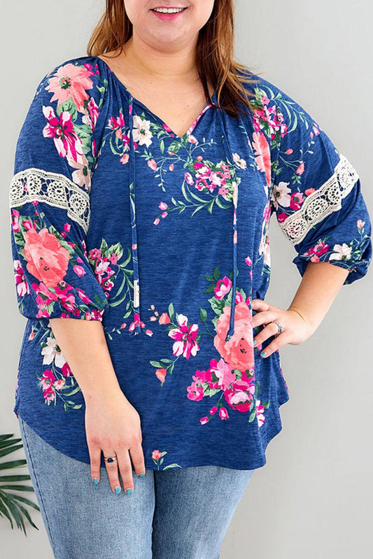 Dark Blue Plus Size Lace Patch 3/4 Sleeve Split Neck Floral Top - L & M Kee, LLC