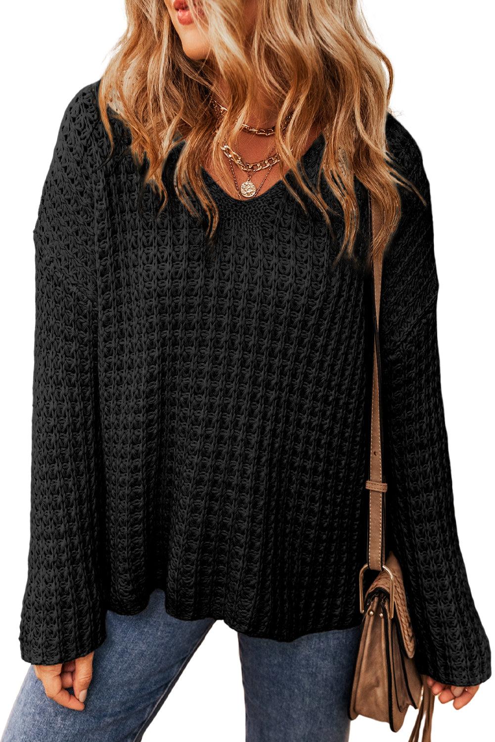 Black Hollow-out Crochet V Neck Sweater - L & M Kee, LLC