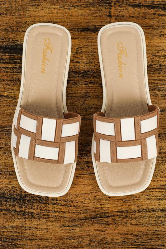 Beige Two Tone Contrast PU Leather Square Toe Slippers