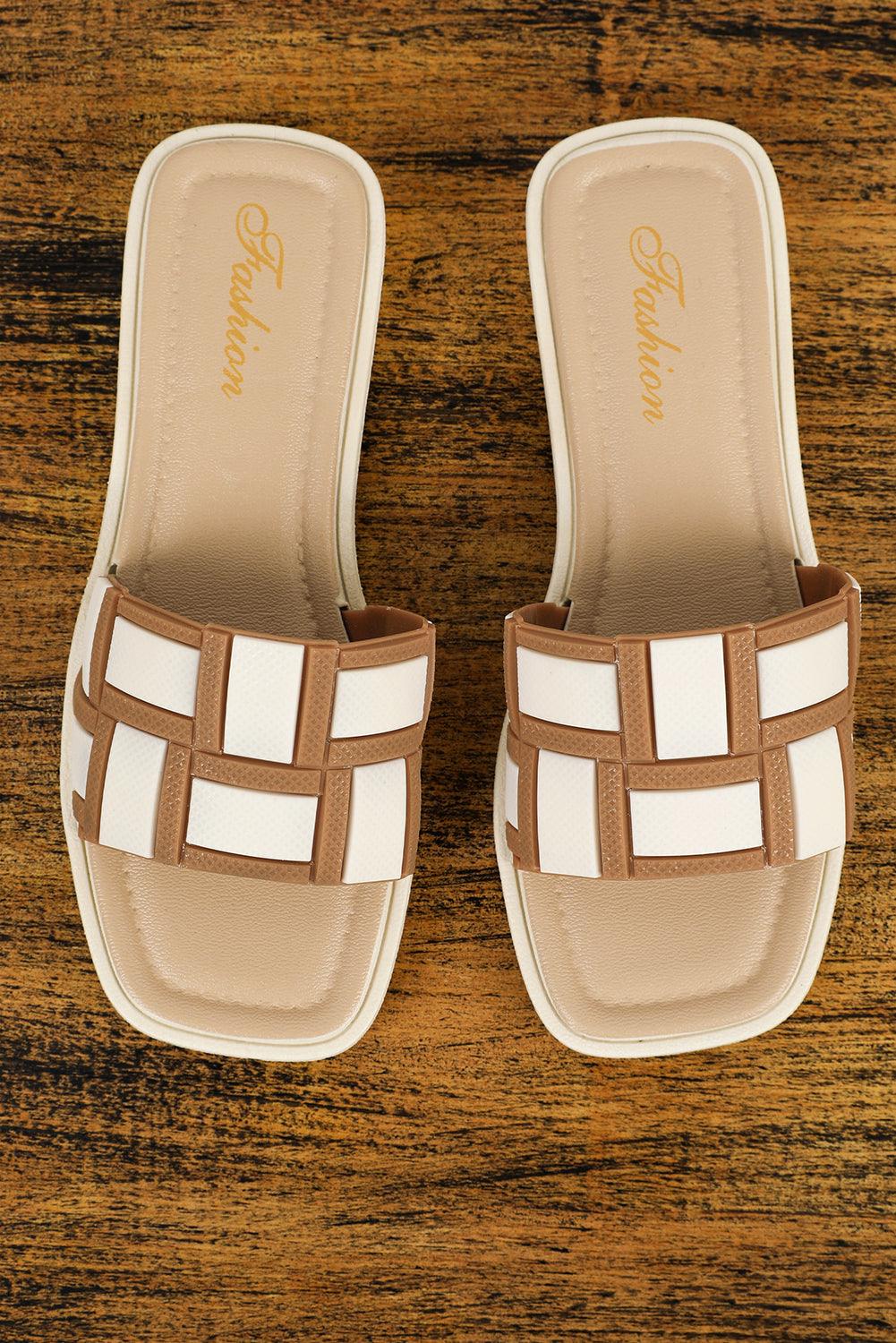 Beige Two Tone Contrast PU Leather Square Toe Slippers - L & M Kee, LLC