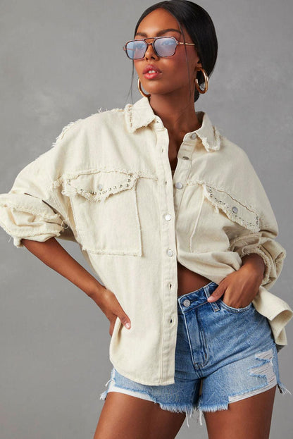 White Frayed Exposed Seam Denim Jacket - L & M Kee, LLC