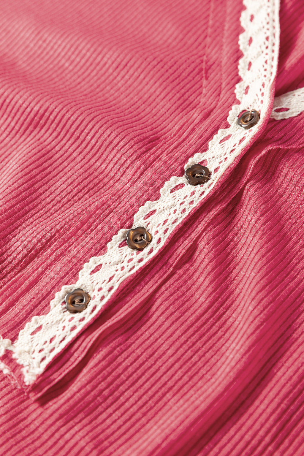 Racing Red Ribbed Texture Contrasted Lace Trim Button V Neck Long Sleeve Top