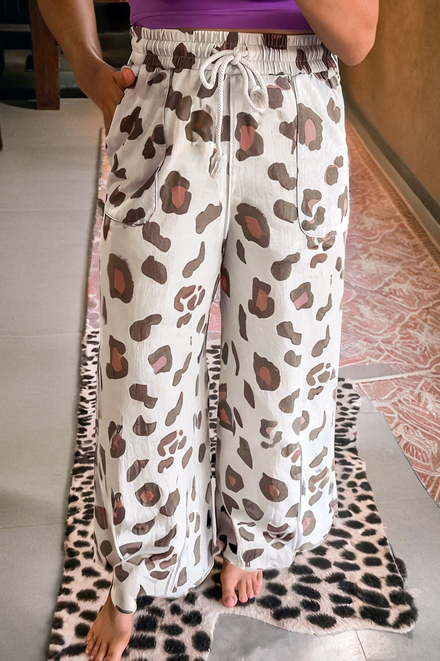 Beige Drawstring Leopard Print Patch Pocket Loose Pants