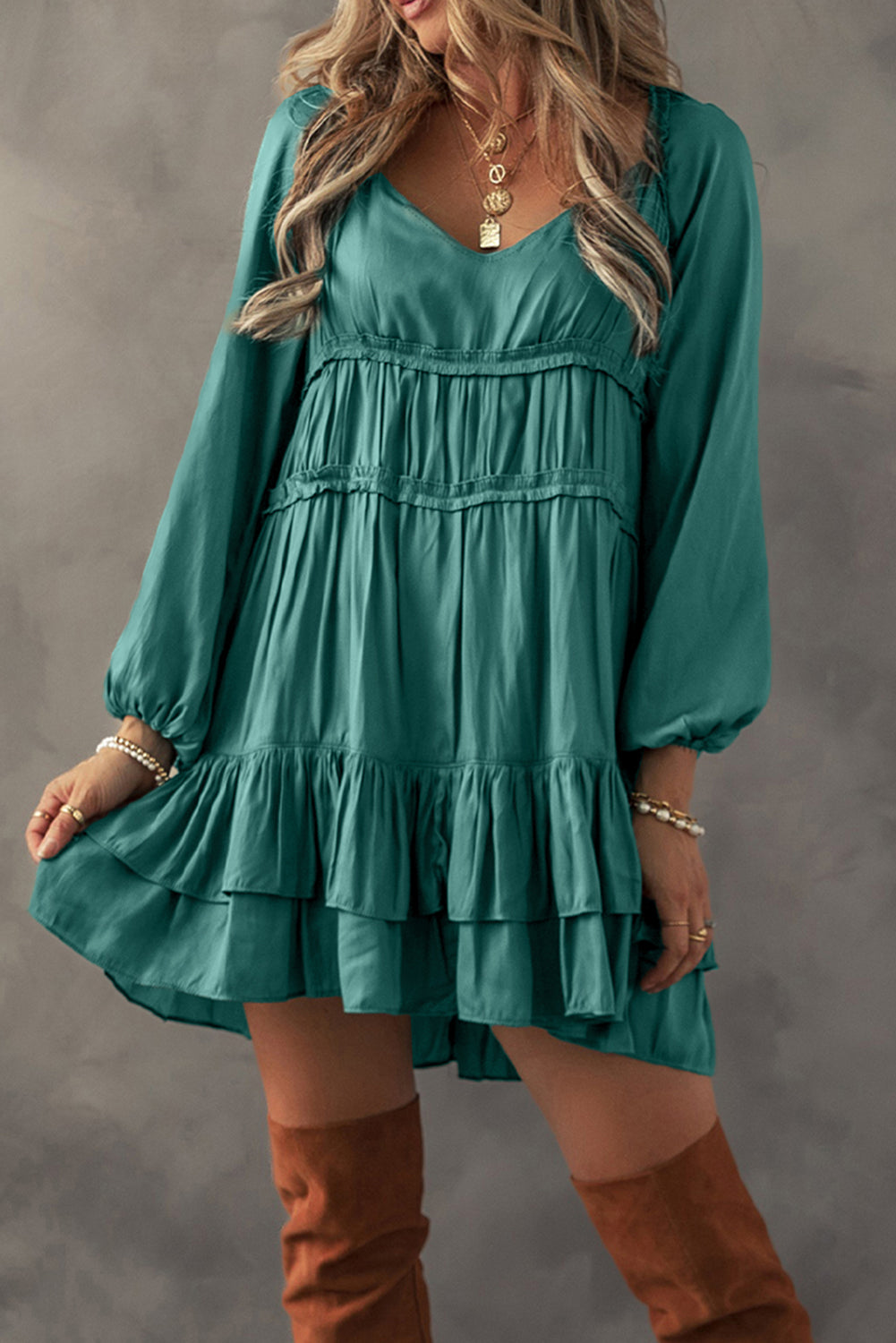 Black Tiered Ruffled Puff Sleeve Loose Fit Mini Dress