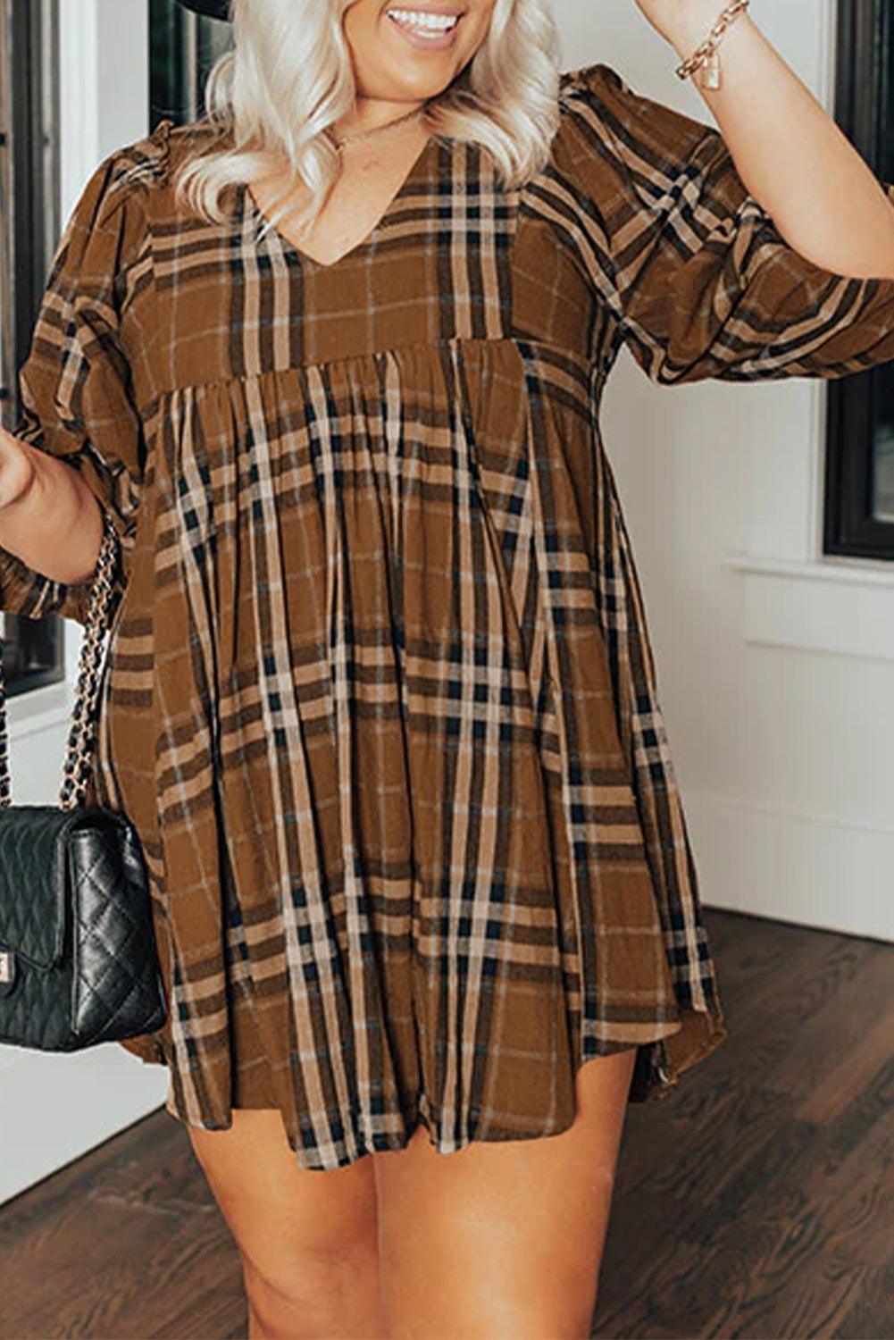 Brown Printed Plaid V Neck Plus Size Babydoll Dress - L & M Kee, LLC