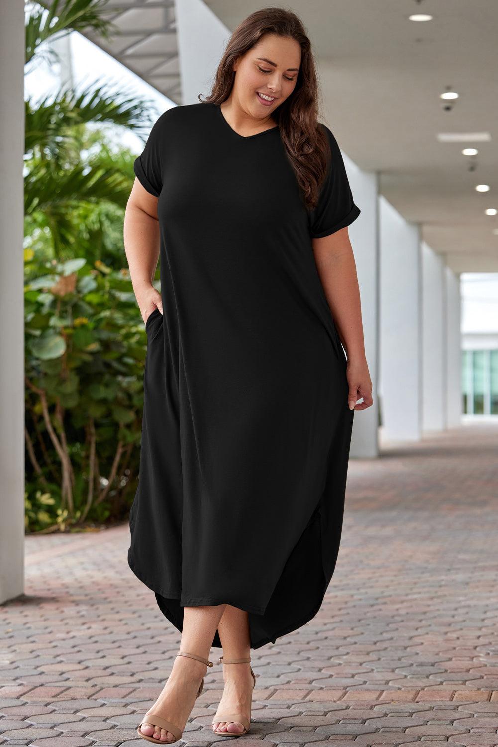 Plus Size V Neck Rolled Cuffs Maxi Dress - L & M Kee, LLC