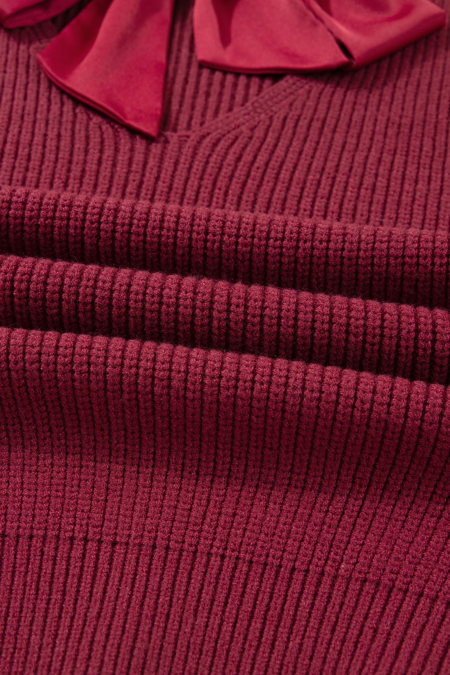 Red Dahlia Ribbed Knit Ribbon Knot Backless Drop Shoulder Sweater