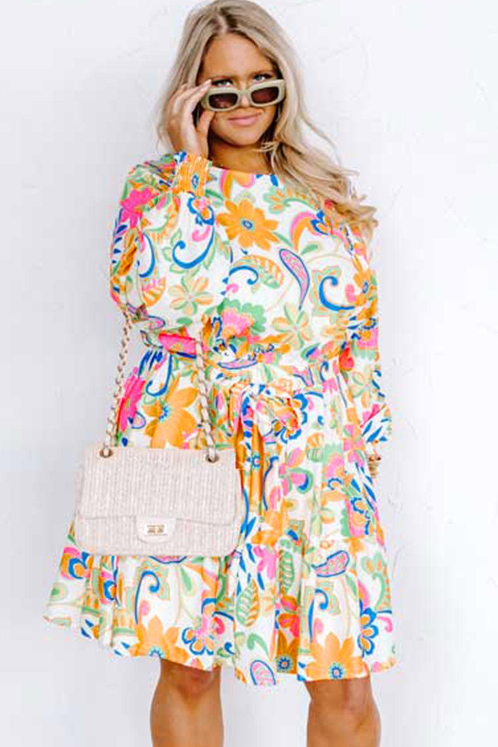 Orange Paisley Floral Print Belted Plus Size Dress - L & M Kee, LLC