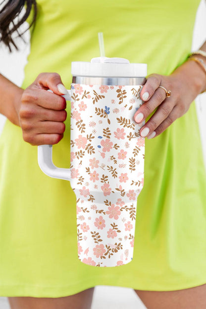 White Cute Flower Print Large Stainless Steel Tumbler 40oz - L & M Kee, LLC