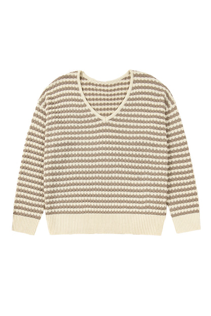 Khaki Stripe Plus Size V Neck Drop Shoulder Sweater