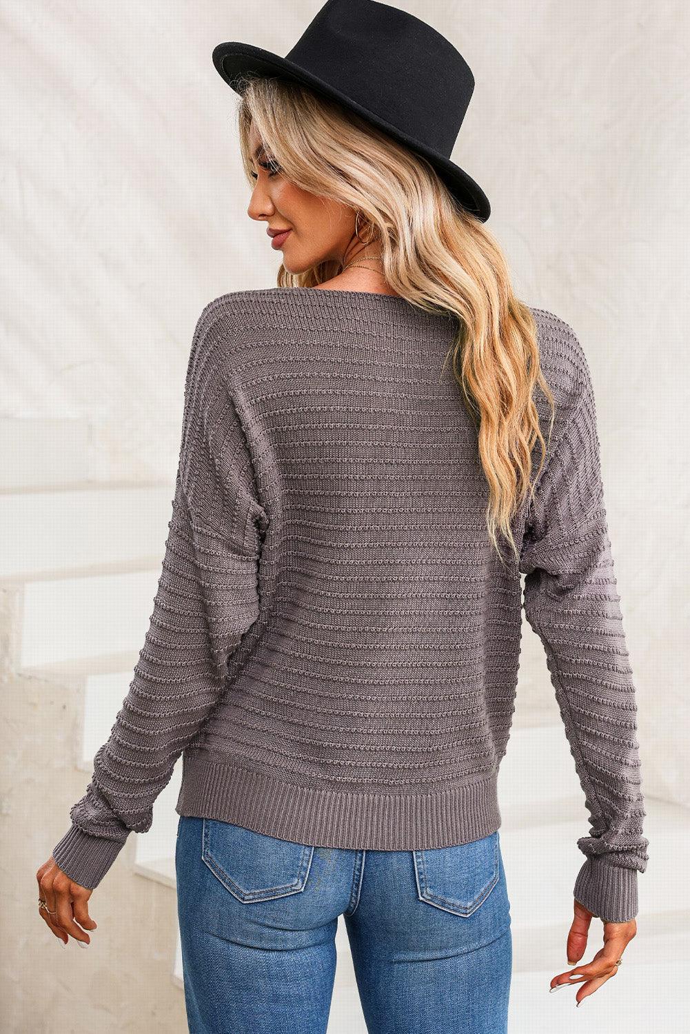 Gray Textured Knit Round Neck Dolman Sleeve Sweater - L & M Kee, LLC