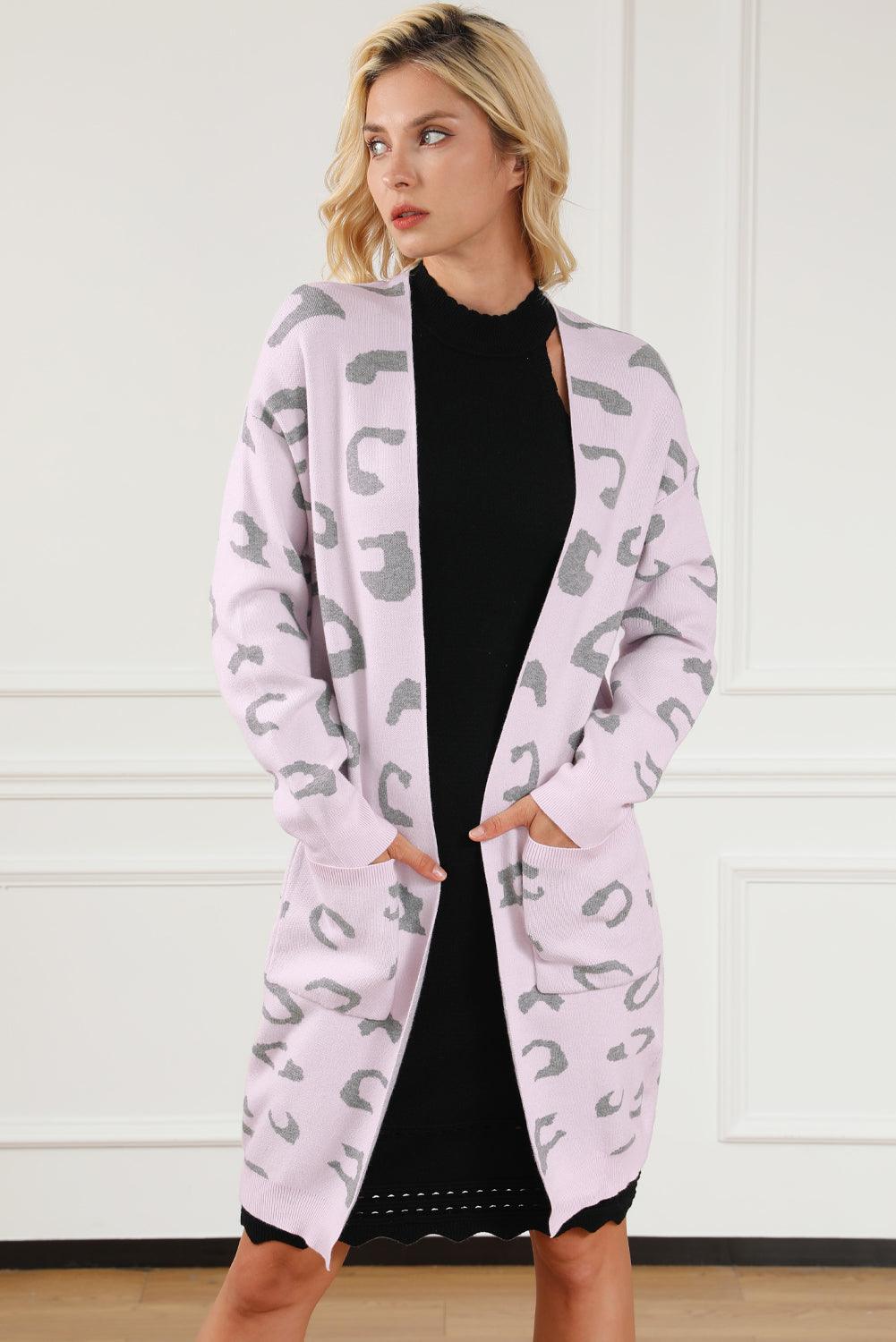 Pink Leopard Pocketed Open Front Long Cardigan - L & M Kee, LLC