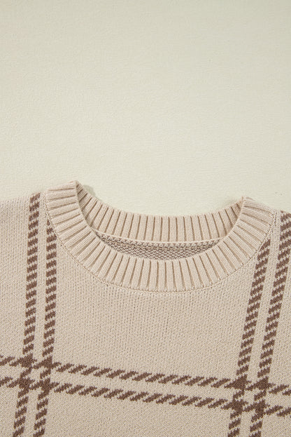 Pink Plaid Pattern Knitted Drop Shoulder Sweater