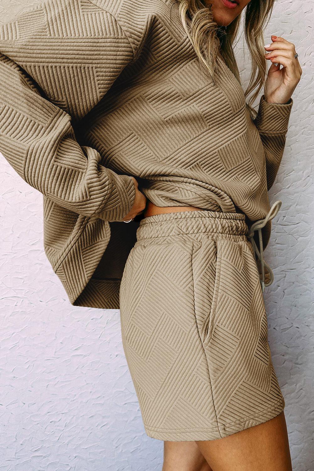 Apricot khaki Textured Long Sleeve Top and Drawstring Shorts Set - L & M Kee, LLC